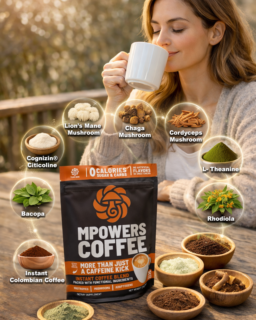 Woman drinking coffee with MPOWERS COFFEE package and health benefits displayed.

