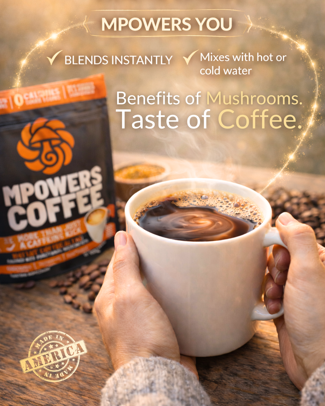 MPOWERS Coffee package with a cup of coffee and text highlighting benefits