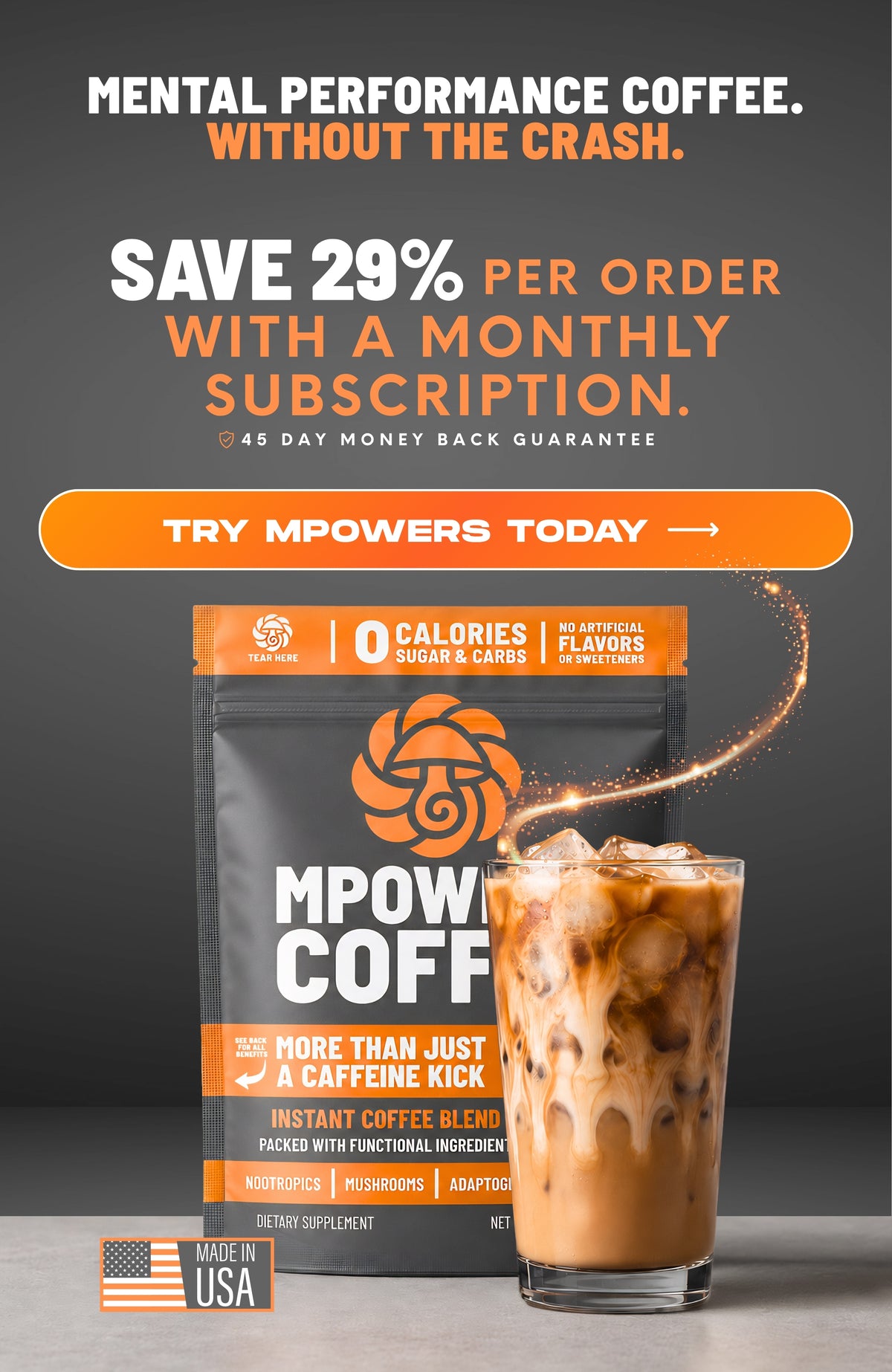 Mpowers coffee mobile version with iced latte and bag