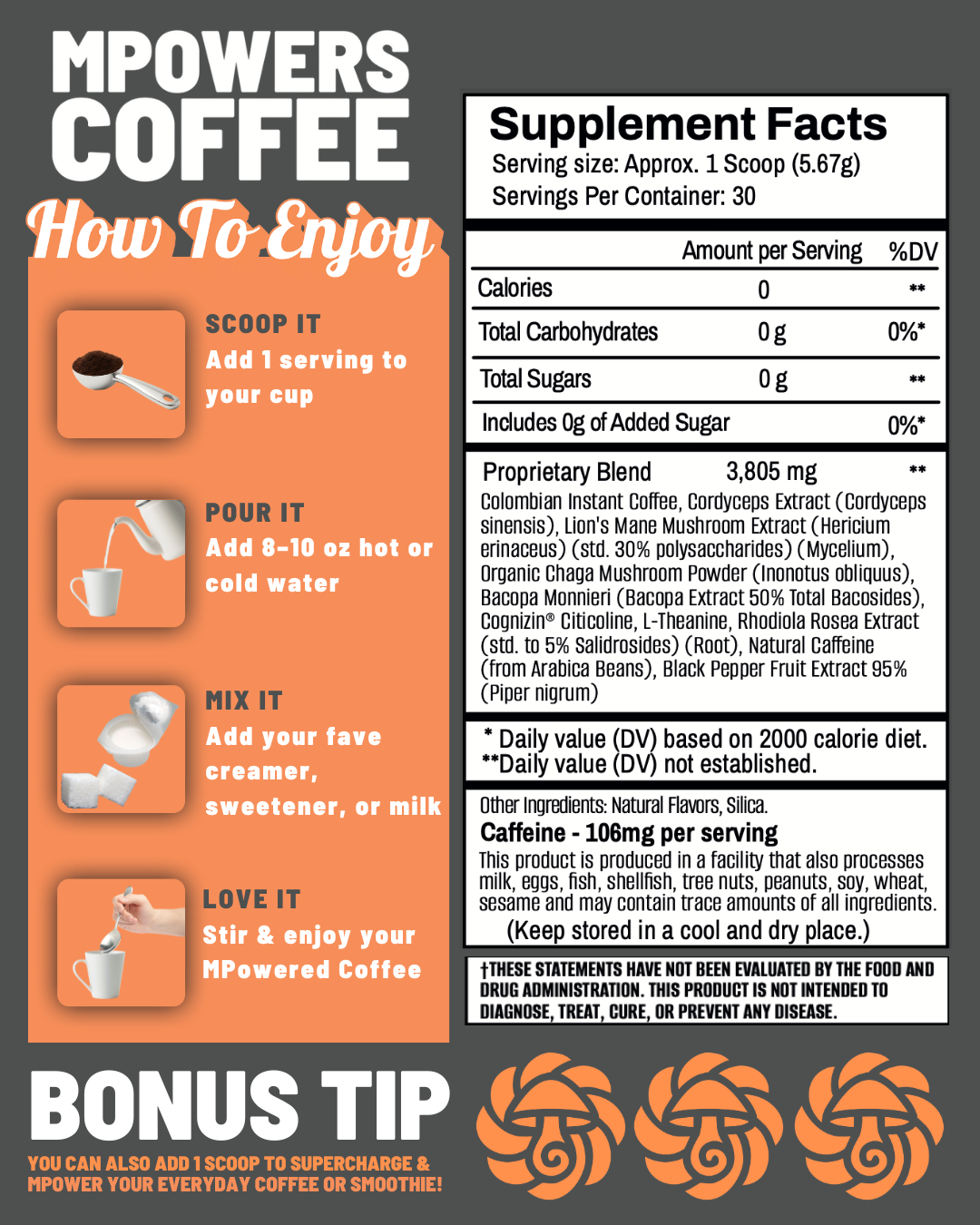MPOWERS Coffee supplement facts label with instructions on how to enjoy the product.